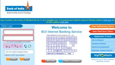 Bank of india Internet banking login